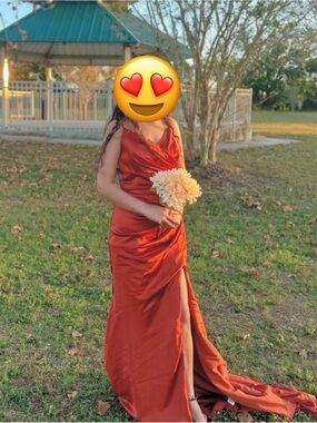 Others Follow Rust Satin V-Neck Prom Gown with High Slit
